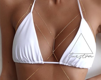 Bralette de cadena corporal en capas de acero inoxidable relleno de oro de 18 quilates resistente al agua - joyería del festival de bikini, cadena corporal delicada, sujetador de cadena ajustable