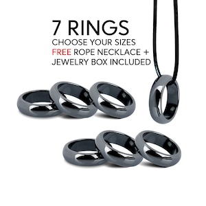 7 Hematite Rings - Choose Your Size 6 7 8 9 10 11 12 - Free Rope Necklace - Rounded 6mm Magnetic Hematite Band Ring Gift Set - Black Stone