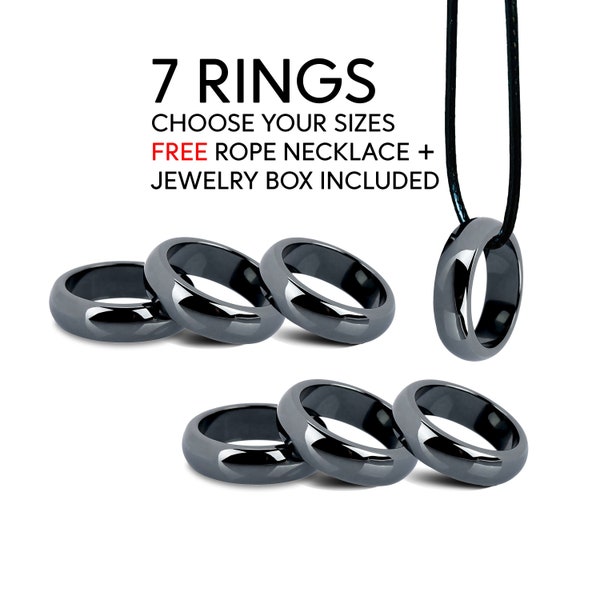 7 Hematite Rings - Choose Your Size 6 7 8 9 10 11 12 - Free Rope Necklace - Rounded 6mm Magnetic Hematite Band Ring Gift Set - Black Stone