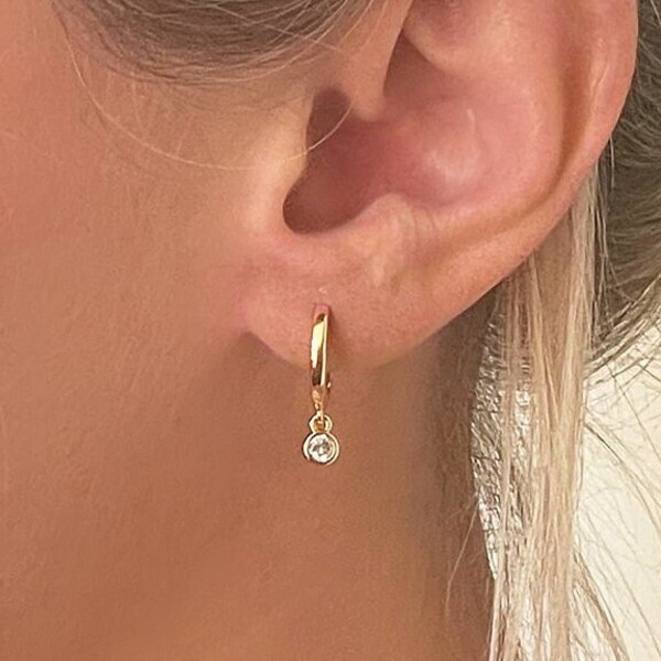 Round Dangle Huggie Hoop Earrings 18K Gold Filled | Solid 925 Sterling Silver Post | Bezel Set Round Zircon | Hypoallergenic Gold Drop Hoops