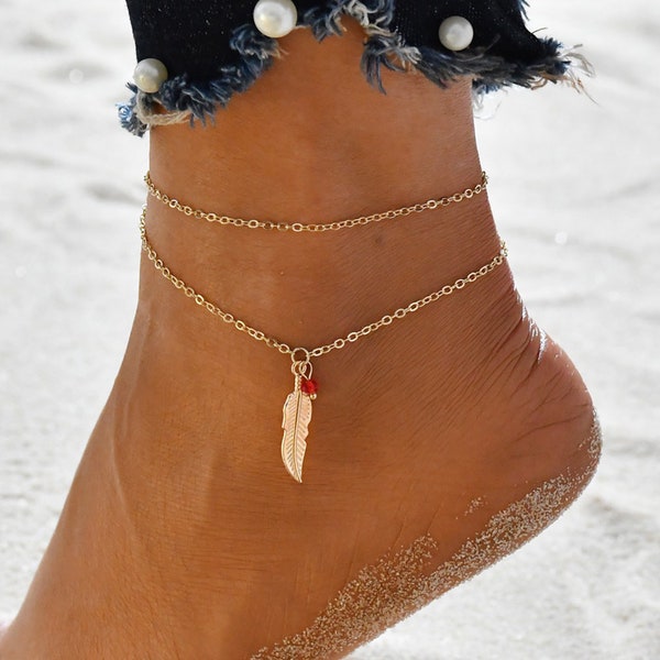 Feather Pendant Dainty Cable Chain Layered Anklet - 18K Gold Plated Anklet, 925 Silver Plated Anklet Gold Anklet Silver Anklet Dainty Anklet