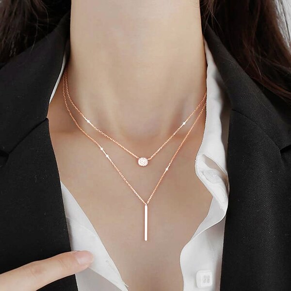 Minimalist Layered Necklace with Bar Charm and Cubic Zirconia Disc Pendant - 18K Rose Gold or White Gold Filled Dainty Cable Chain - Trendy