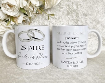 Taza personalizada para el 25 aniversario de bodas / Regalo para padres / abuelos / Idea de regalo de aniversario de bodas con nombres y fecha / Bodas de plata
