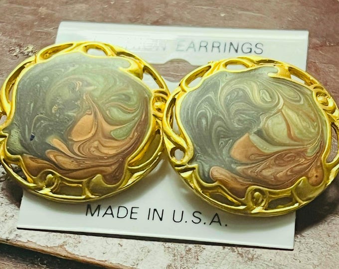 Vintage Earrings Boho Retro Enamel Multicolor Swirl Brown Rust Gold Tone Studs
