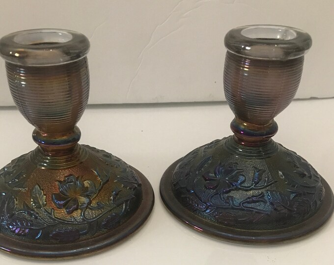 Imperial Glass Amethyst Candlestick, Grape & Leaf Amethyst Carnival Glass Candle Holder