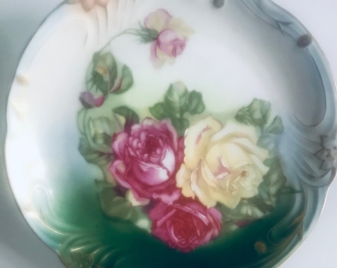 Antique Bavarian Cabbage Rose Platter,  Wall Plate, Porcelain Decorative Round Plate