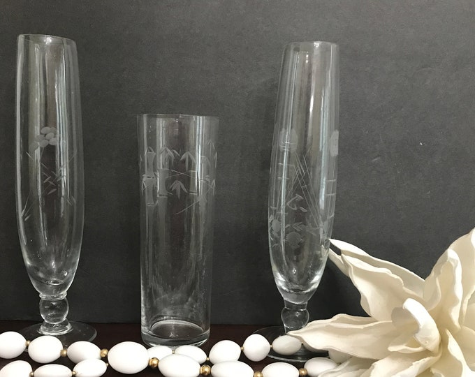 Vintage Crystal Etched Bud Vases/ Single Flower Vase