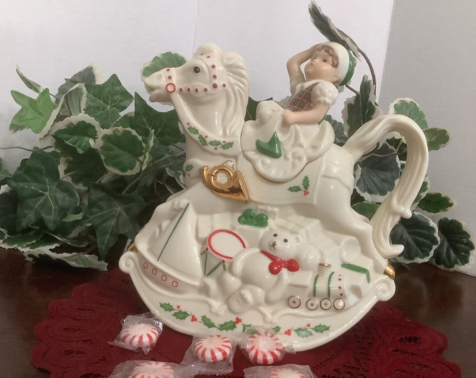 Lenox Holiday Elf Teapot,  Rocking Horse Teapot: Santa’s Holiday Toy Shop