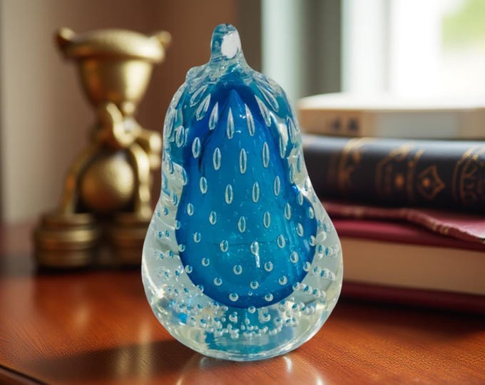 Vintage Paperweight Blue Bullicante Controlled Bubbles Sommerso Art Glass: Pear Shaped Paperweight