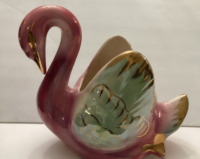 Colonial China Swan Planter, Pink, Green, White, with Gold Accent