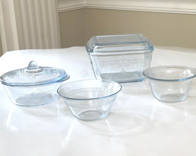 Collection of Anchor Hocking-Fire King Philbe Sapphire  Blue Ovenware, Pie Plate, Custard Bowls, Baker, Individual Casserole With Lid