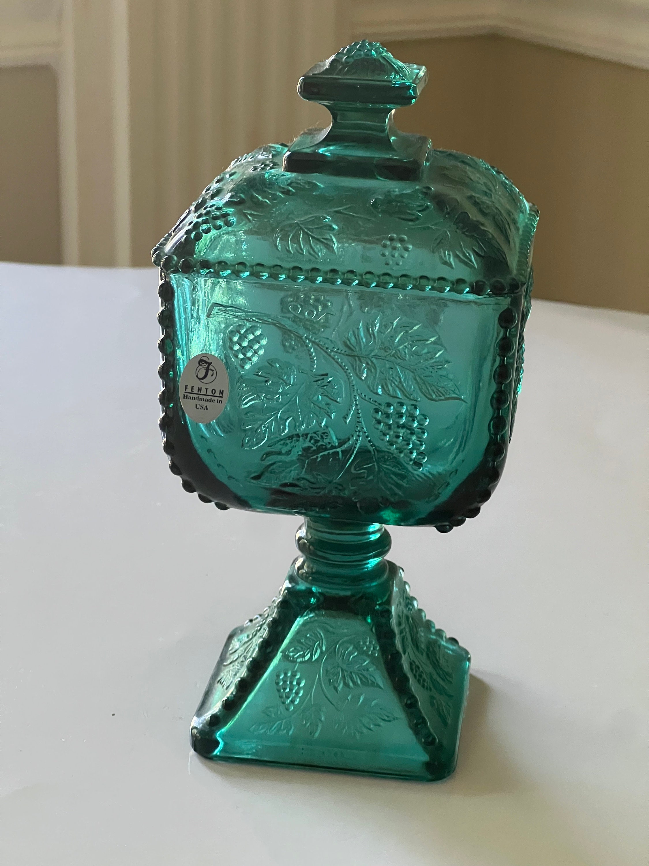 Vintage Fenton Spruce Green 7 1/2 Inch Square Covered Candy