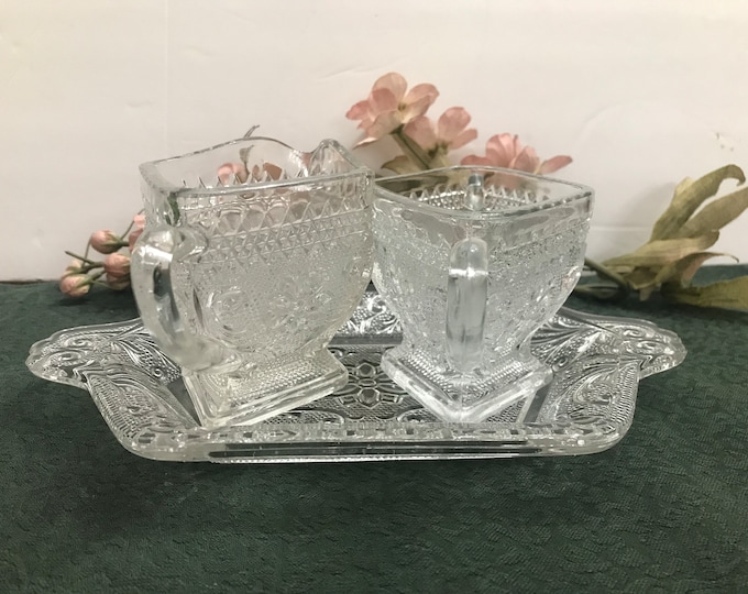 Tiara Sandwich Glass Creamer and Sugar Bowl with Underplate