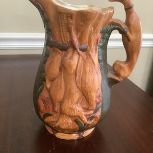 Majolica Large Jug Game Pitcher with Greyhound Handle, “ After The Hunt” Pitcher