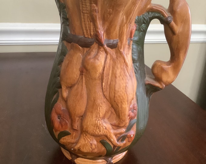Majolica Large Jug Game Pitcher with Greyhound Handle, “ After The Hunt” Pitcher