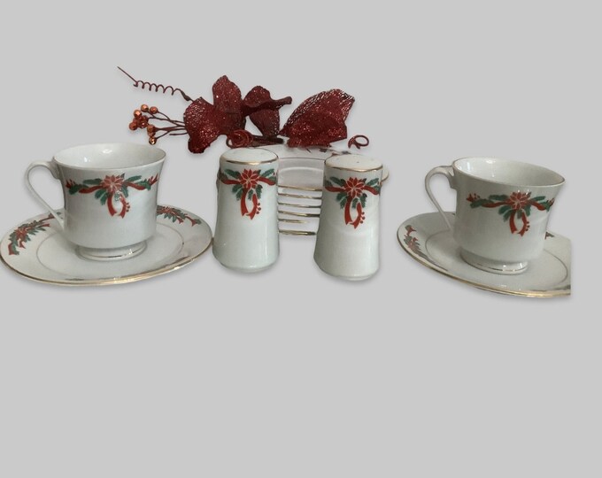 Fairfield Salt & Pepper Shakers, Cups, Saucers,  Holiday Dishes,  Poinsettia, and Ribbon Design China