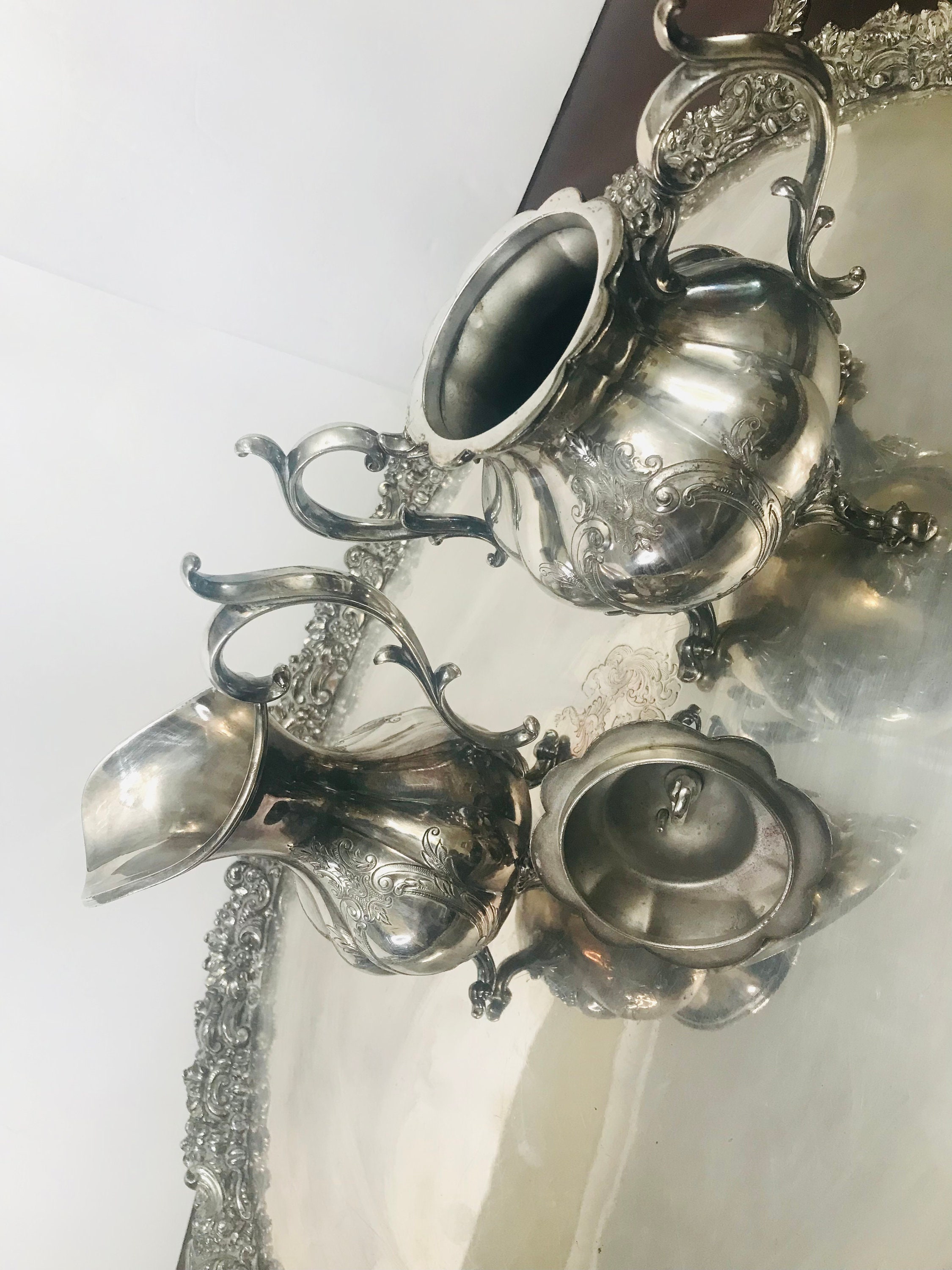 Vintage Barton and Reed Hand-chased Winthrop Tea Set on Vintage Barton and Reed Hand-chased Winthrop Tea Set on