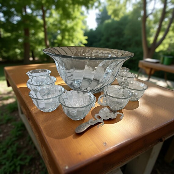 Vintage Anchor Hocking Victoria Optic Swirl Punch Bowl Set, 8 Cups