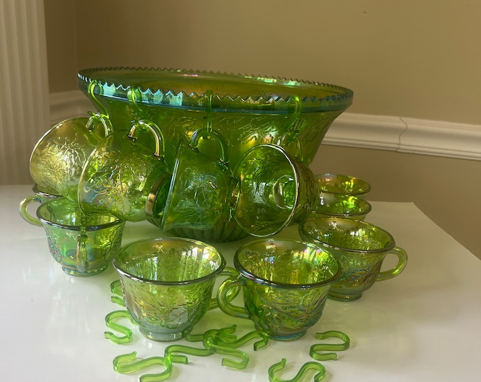 Punch Bowl Set, Princess Green Carnival Glass Punch Bowl Set by Indiana Glass
