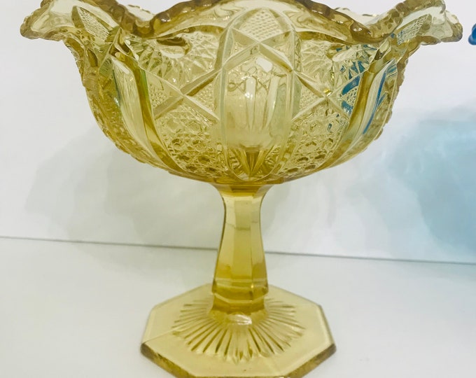 L E Smith Quintec Bowl, Light Amber Pedestal Bowl