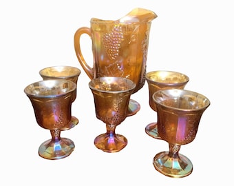 Indiana Glass Amber Carnival Goblets and Pitcher: Harvest Grape Set