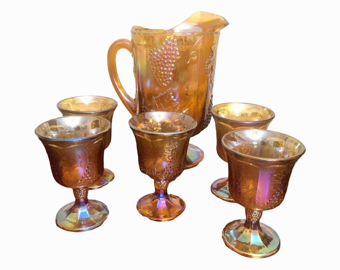 Indiana Glass Amber Harvest Goblets  and Pitcher, Marigold, Carnival Goblets and Pitcher