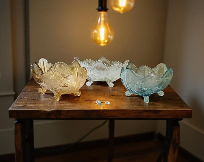 Vintage Jeannette Glass Lombardi Console Bowl: Clear & Blue Footed Bowls