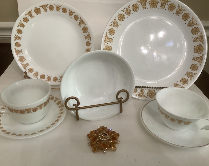 Corelle Butterfly Gold  Dinner Plates, Saucer and Cups, Salad Plates, and bowls