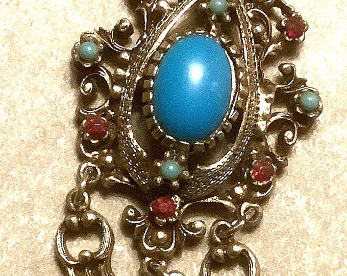 Signed Celebrity Burnish Gold Tone Pendent Turquoise Necklace