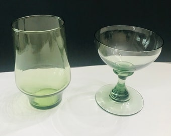 Sage Green Vintage Water/ Ice Tea/Liquor Tumblers with Three Cocktail Champagne Glasses Coupes Sherbet
