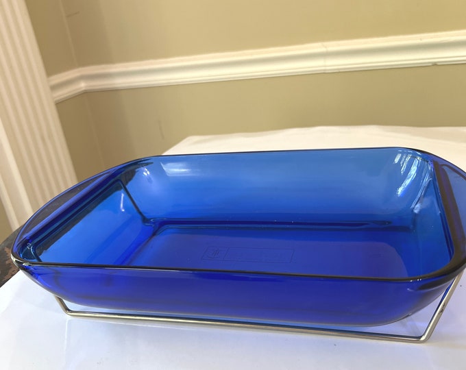Anchor Hocking Cobalt Blue Casserole Dish, Three Quarts, Rectangle Blue Casserole Dish, Vintage Cobalt Blue Dish With Metal Stand