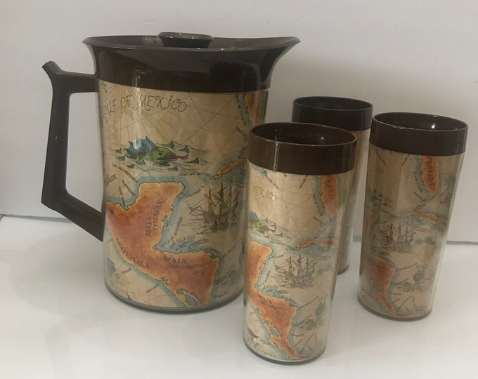 West Bend Thermo Serv Insulated Server Pitcher Jug, Coolers, Tumblers, Old World Map Vintage 70’s Pitcher and Tumblers