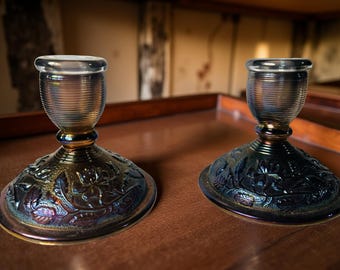 Vintage Imperial Glass Amethyst Carnival Glass Candlestick Set