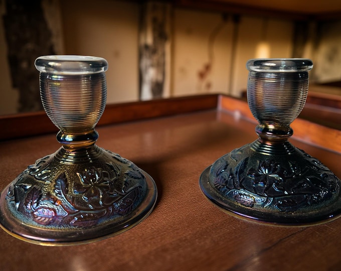 Vintage Imperial Glass Amethyst Carnival Glass Candlestick Set