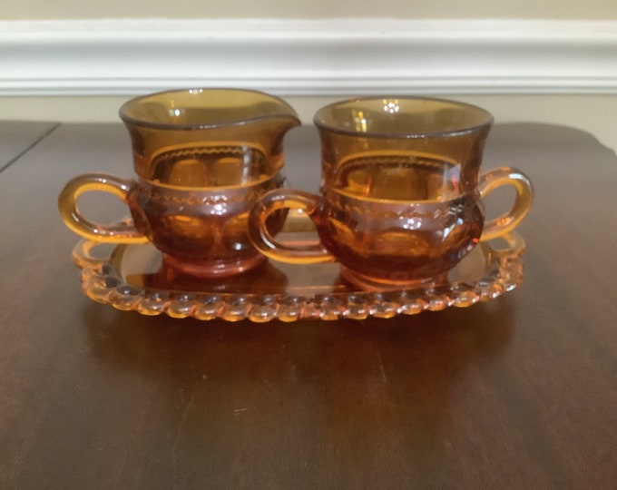 Indiana Glass Amber Kings Crown Tumbprint  Creamer and Sugar Set with Underplate
