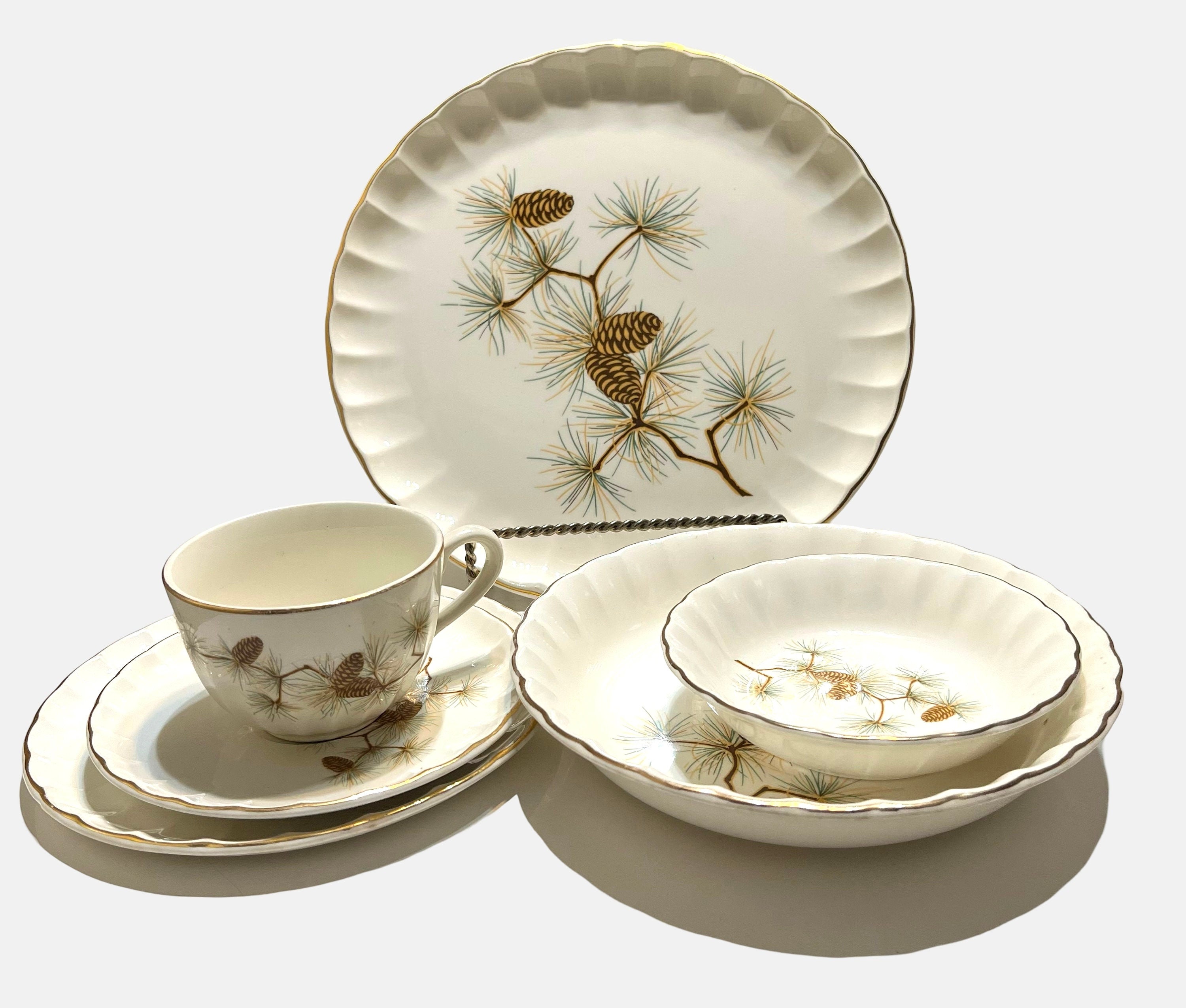 Vintage Pine Cone Dinnerware: W.S. George Half Century, Gold Trim