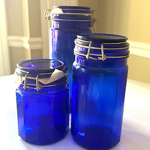 Vintage Cobalt Blue Cylinder Canisters, Vintage Blue Spaghetti Jar, Set of 3 Blue Canisters, Giftware