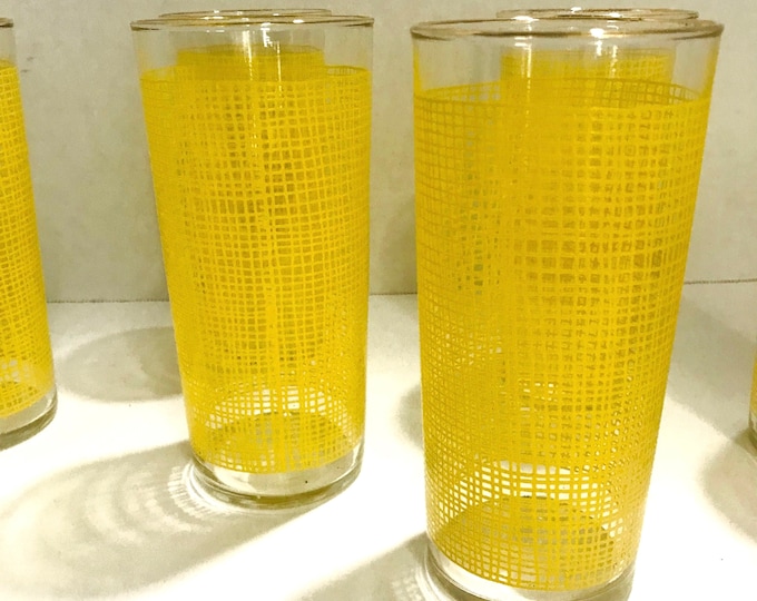 Federal Glass Burlap Tumblers, Basket Weave Yellow Gold Rim Tumblers/ Cooler/Ice Tea Glass, Sixteen Ounce Tumblers
