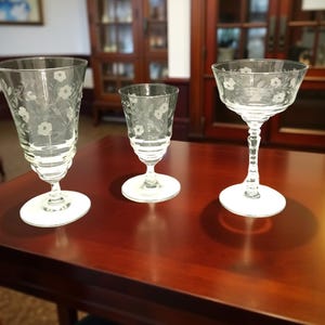 Libbey Rock Sharpe Halifax Floral Etched Glassware: Champagne, Water, Juice
