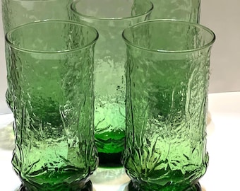 Anchor Hocking Green Rain Flower Sixteen Ounce Flat Tumblers, Ice Tea Glasses, Water Tumblers