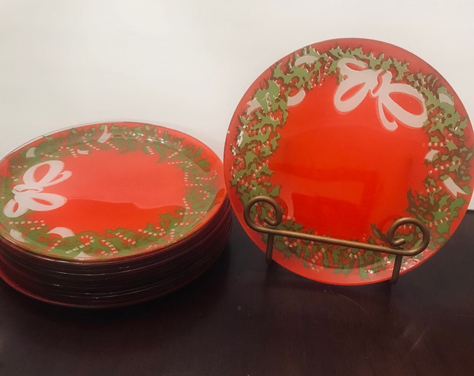 Holiday Wreath Dessert Plates,  White Ribbon Candy Cane, and Green leaf Dessert Plates