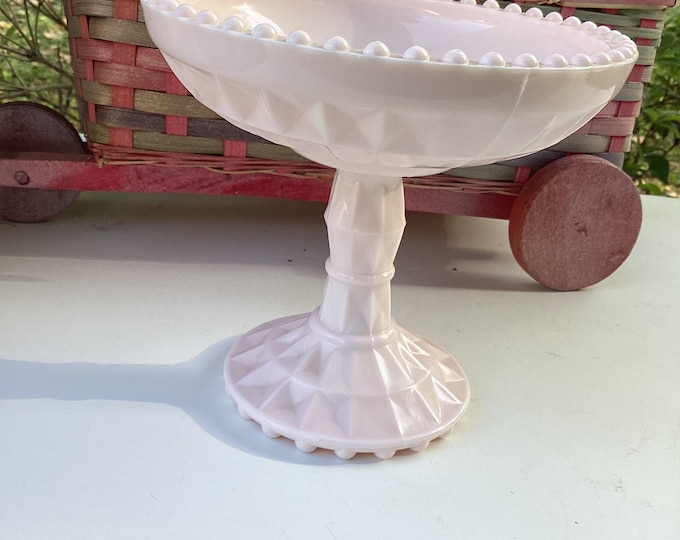 Vintage Pink Shell Milk Glass Hobnail, Diamond Pattern Windsor Pink Compote, Pink Candy Dish