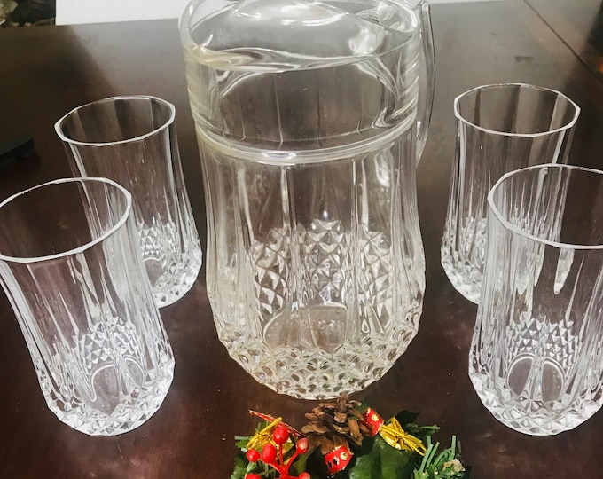 Cristal D’Arques-Durand Longchamp Tumblers, Highball Tumblers, Ice Tea Tumblers, Longchamp Tumblers, and Pitcher