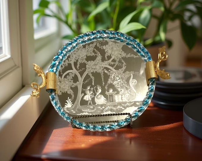 Vintage Venetian Etched  Mirrored Tray with Dolphin Handles/ Engraved Ercole Barovier Mirror Tray