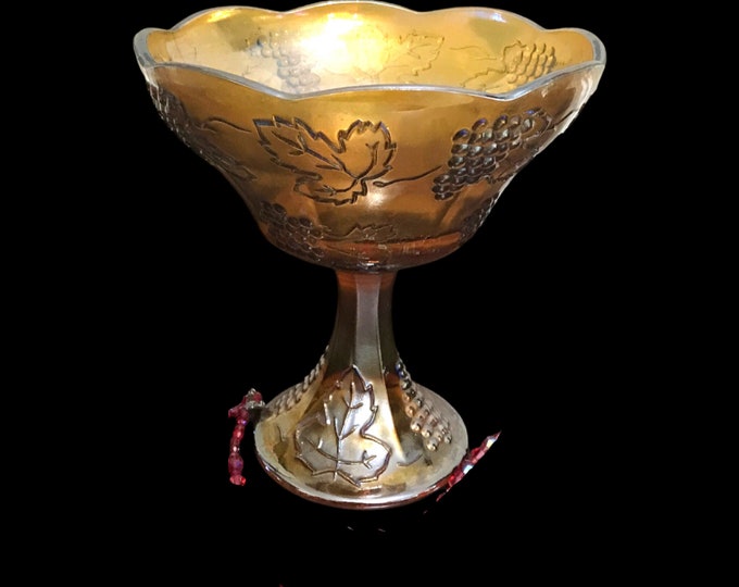 Vintage Iridescent Marigold Carnival Glass Harvest Leaves Compote