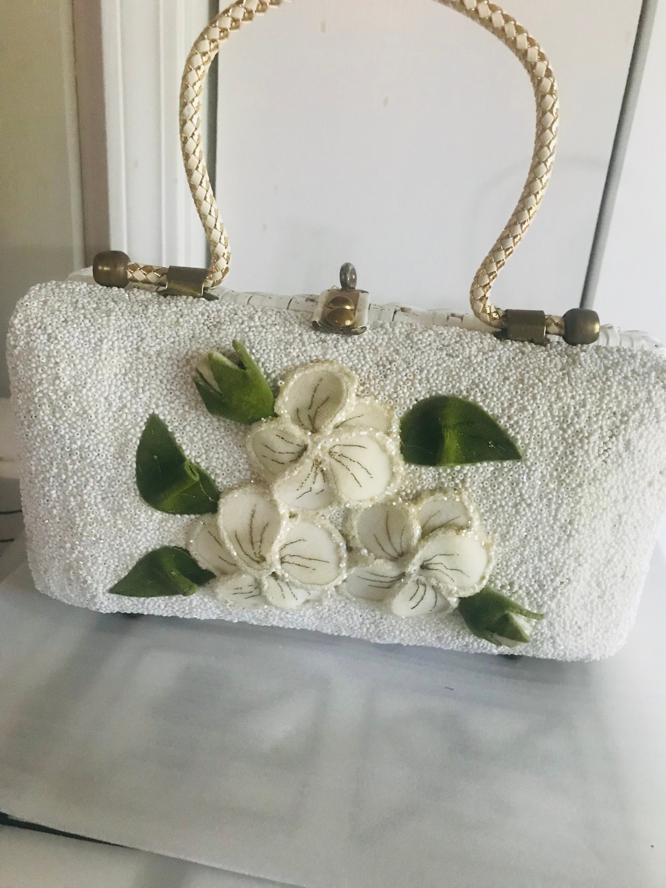 Antique Delicate Hand Beaded Purse Made in France Walborg White Floral  Handbag
