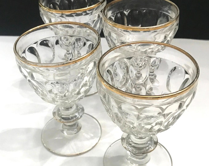 Jeannette Glass Co Liquor Cocktail Goblets, Thumbprint Gold Trim Glasses