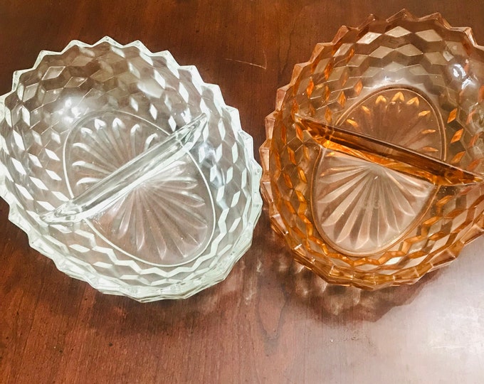 Indiana Glass Relish Dish, Cube Geometric Pattern Two Section Relish Dish, Gift for Kitchen