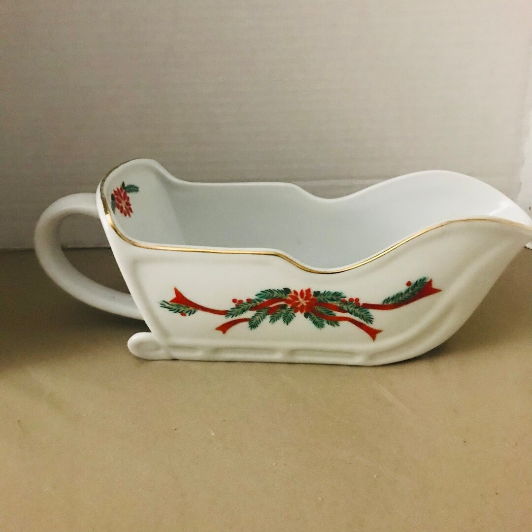 Vintage Sleigh Gravy Boat Poinsettia and Ribbon Decorated Etsy
