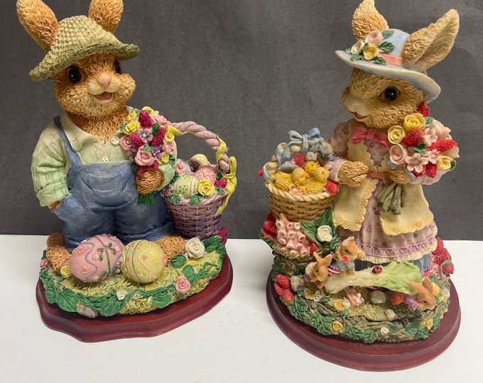 Easter Bunnies with Baskets of Eggs, Bouquets of Flowers, Easter Decoration